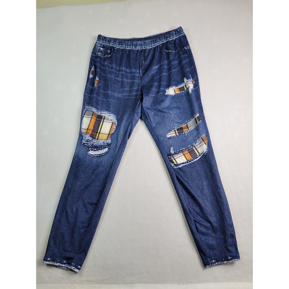 Unbranded Women 2XL Blue Denim Print Plaid Patch Distressed Leggings‎ Jeggings